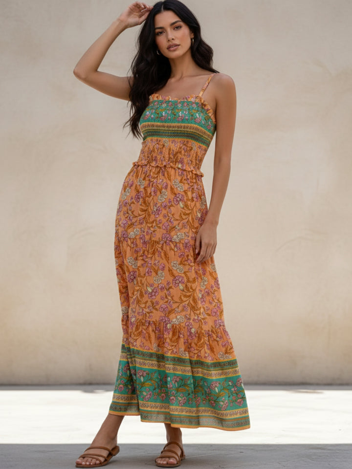 Orange Spaghetti Strap Printed Tiered Dress