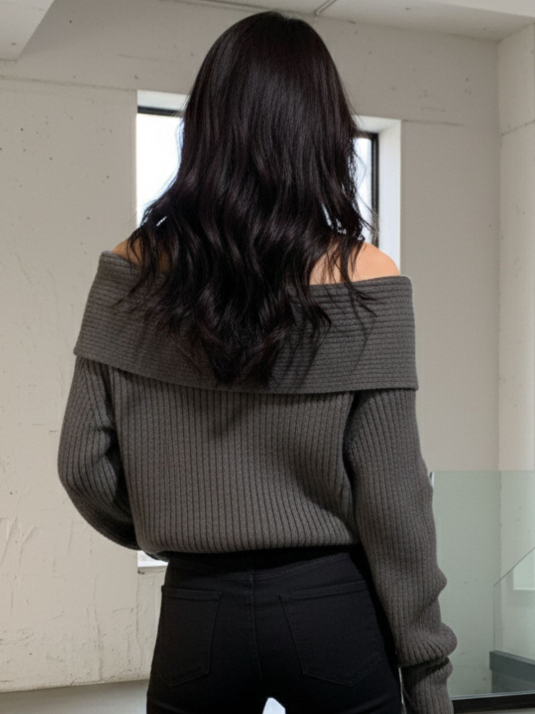 Charcoal Off Shoulder Full Sleeve Top