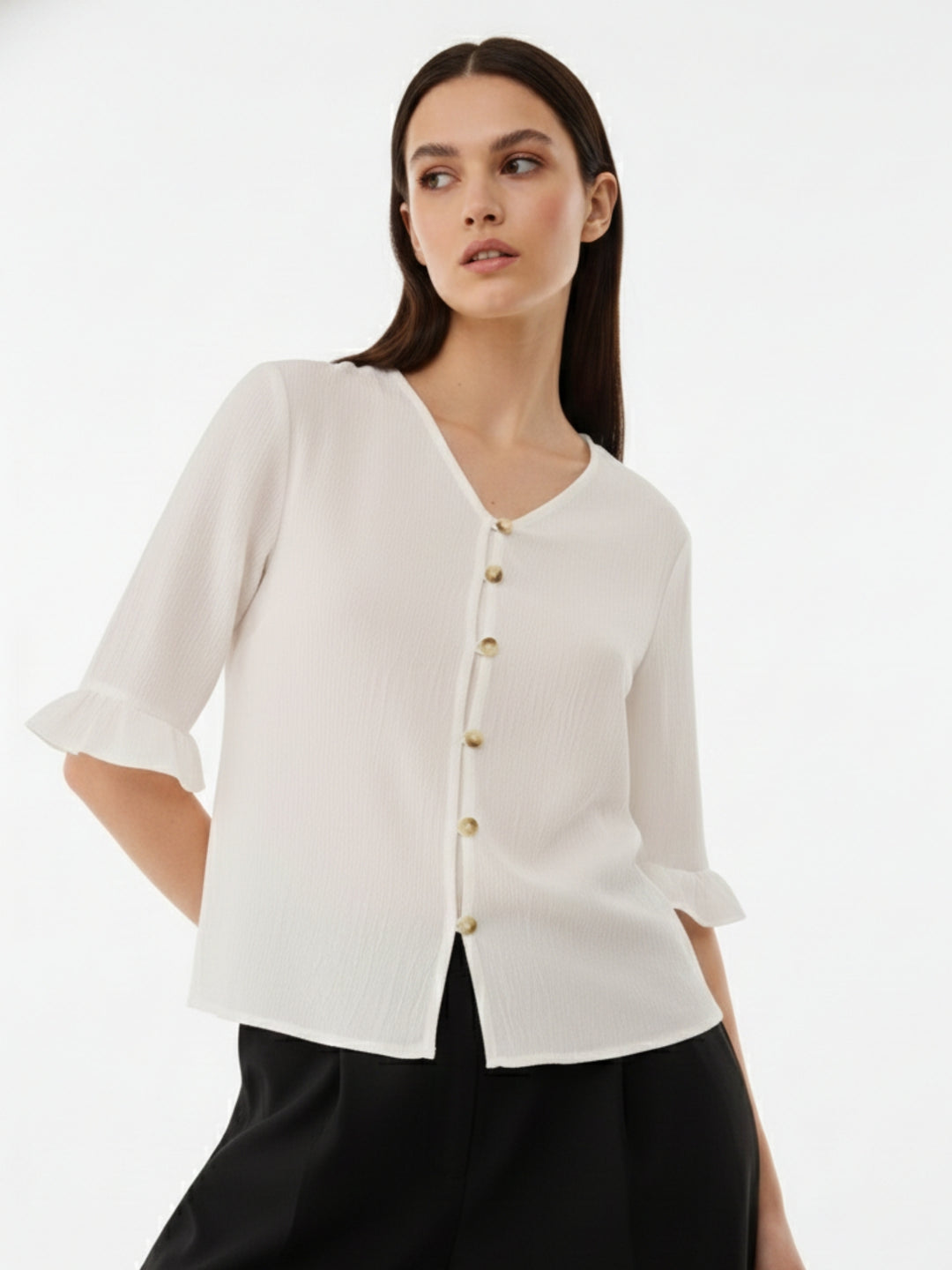 White Front Buttoned Top With Ruffle Detail On Sleeve