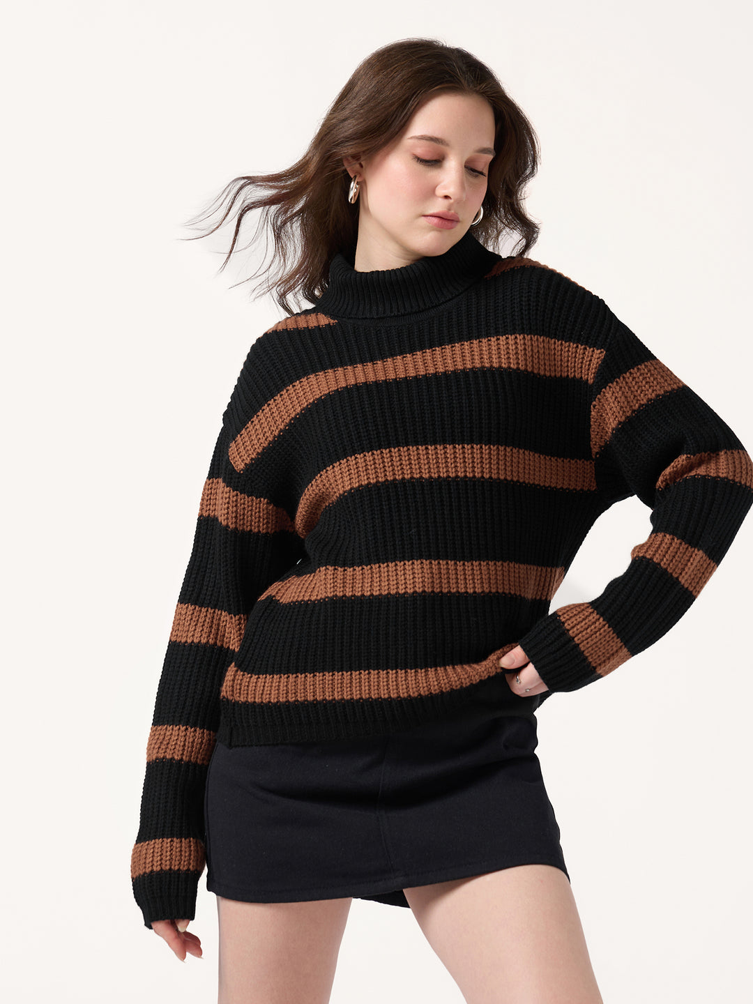 Black High Neck Striper Sweater