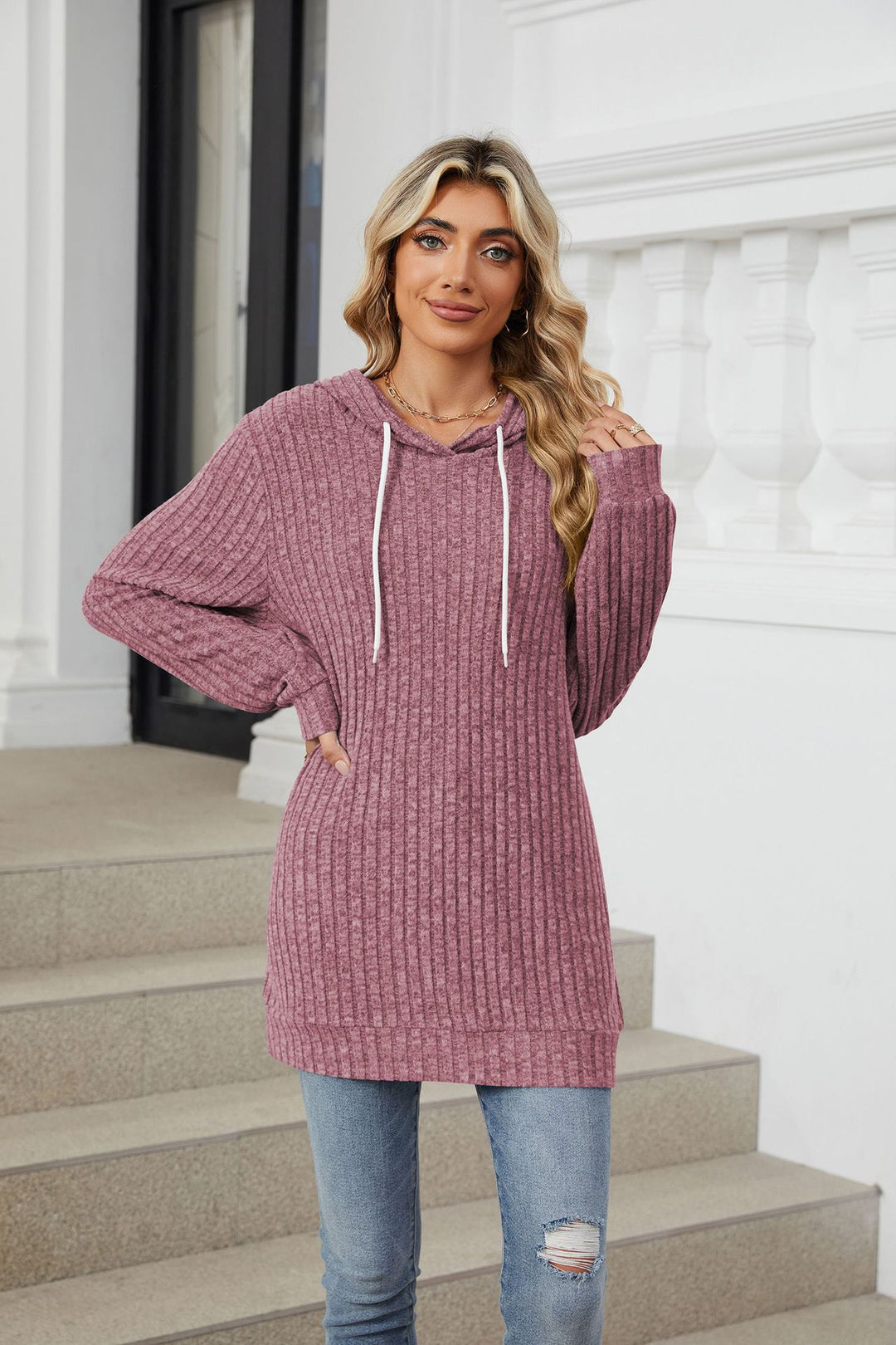Mauve Full Sleeves Solid Hooded Top