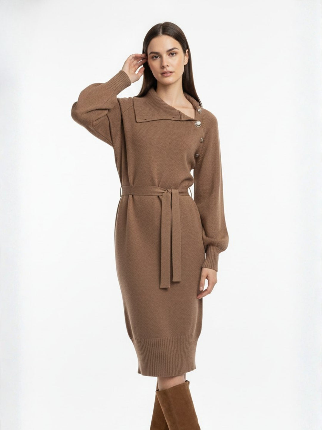Brown Full Sleeve Neck Detail Dress