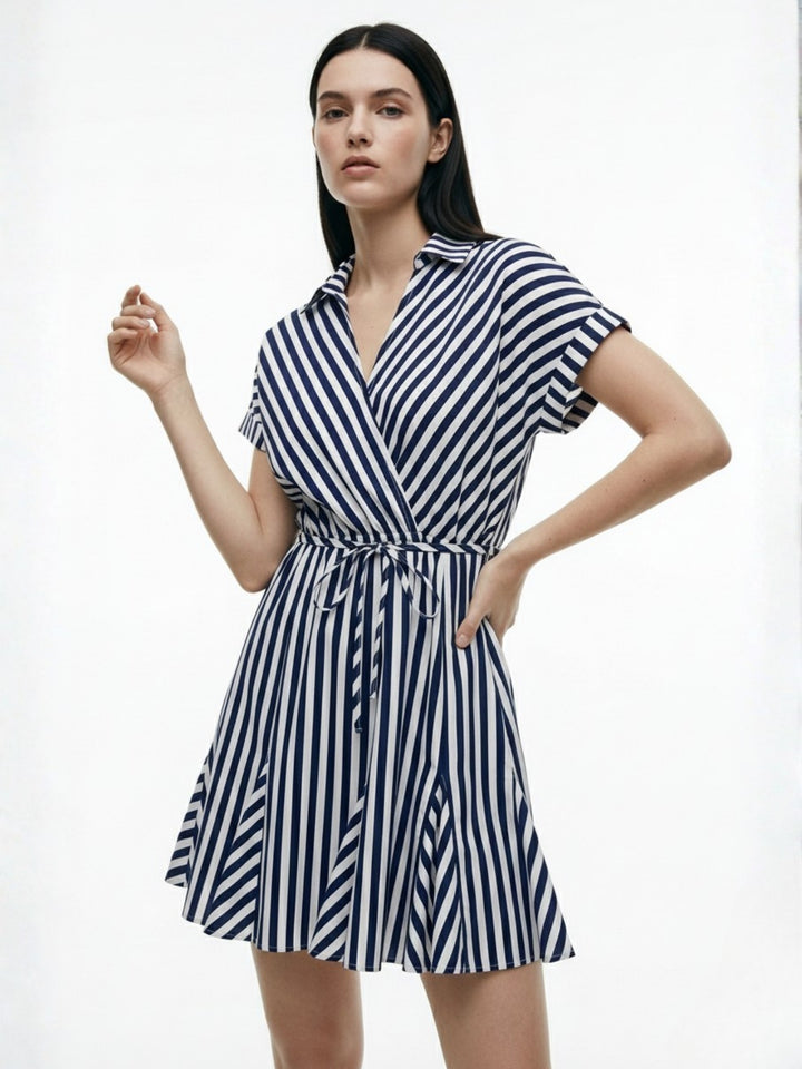 Navy Blue Short Sleeve Waist Tie-Up Striped Dress