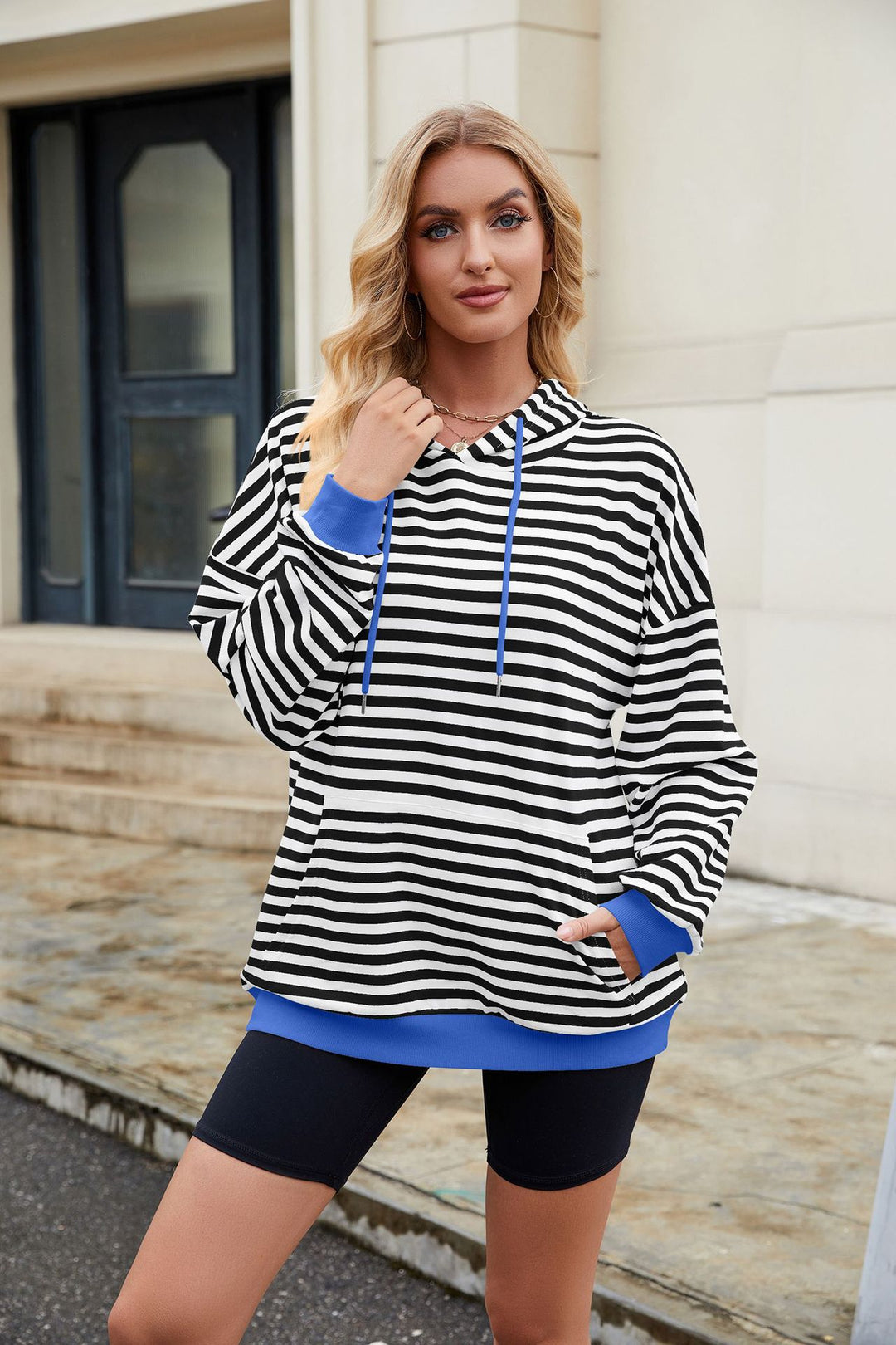 Black Full Sleeve Stripes Hooded Sweatshirt