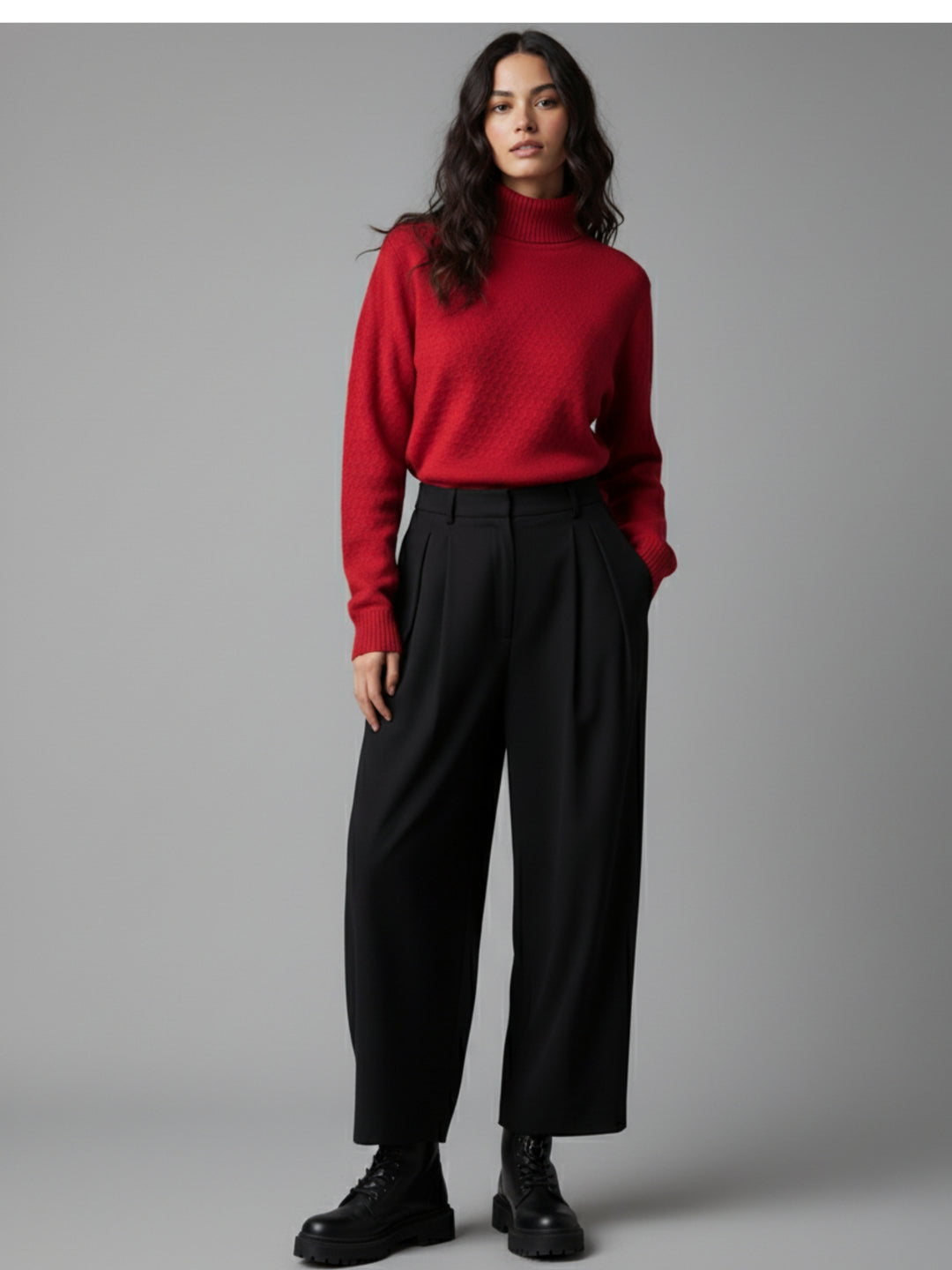 Red High Neck Honey Comb Textured Sweater