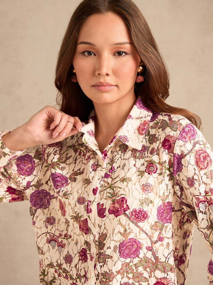 Multi Womens Shirt With Printed Lace Fabric