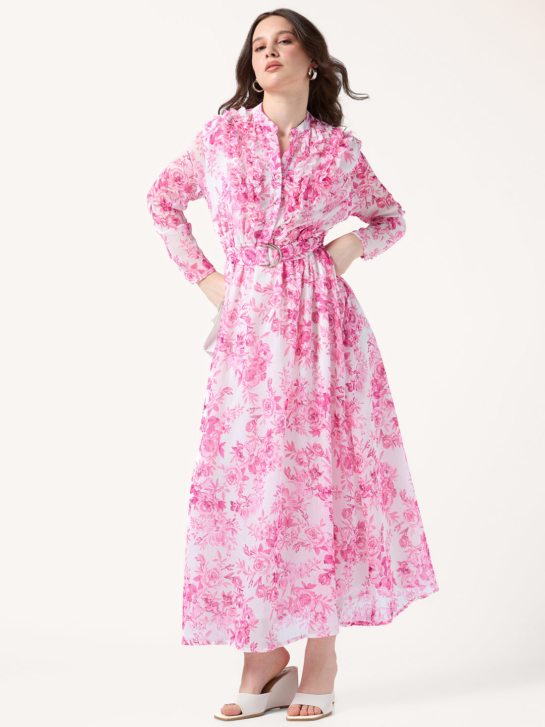 Pink Printed Flared Dress With Halter Neck With Belt Detail