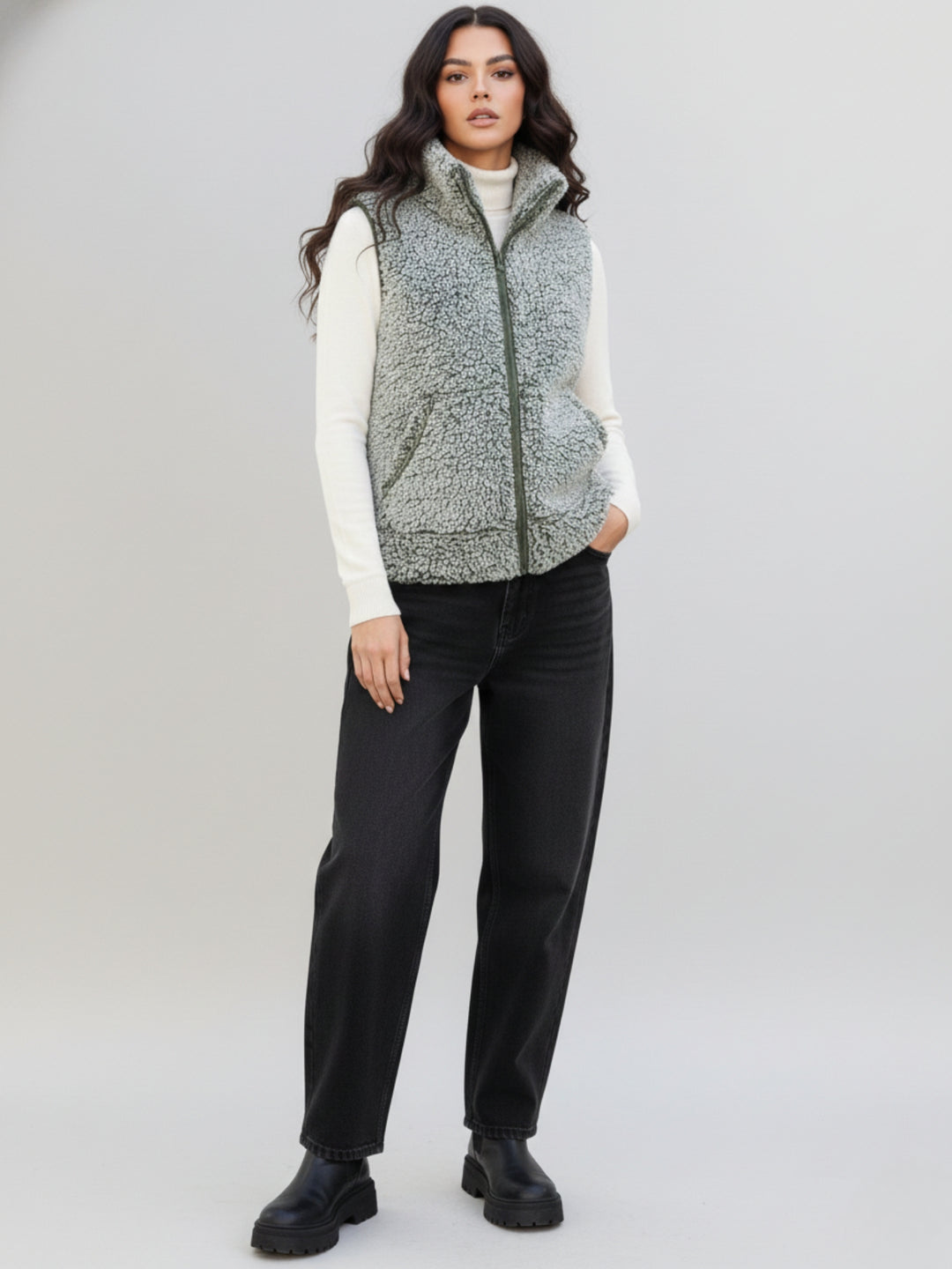 Grey Sleeveless Zip Front Textured Jacket