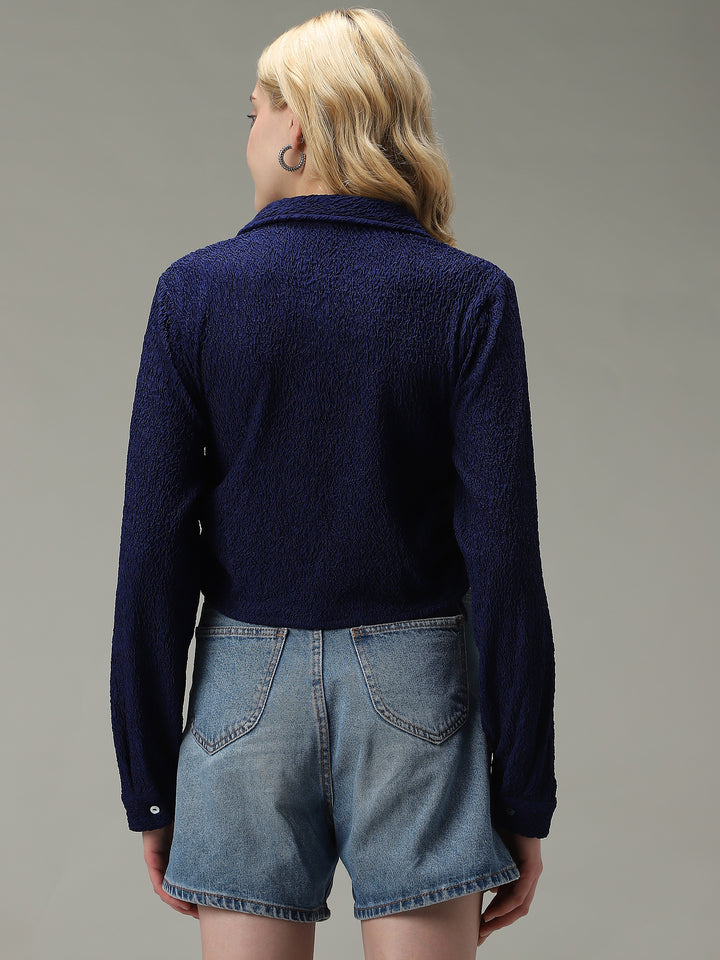 Navy Blue Textured Crop Shirt