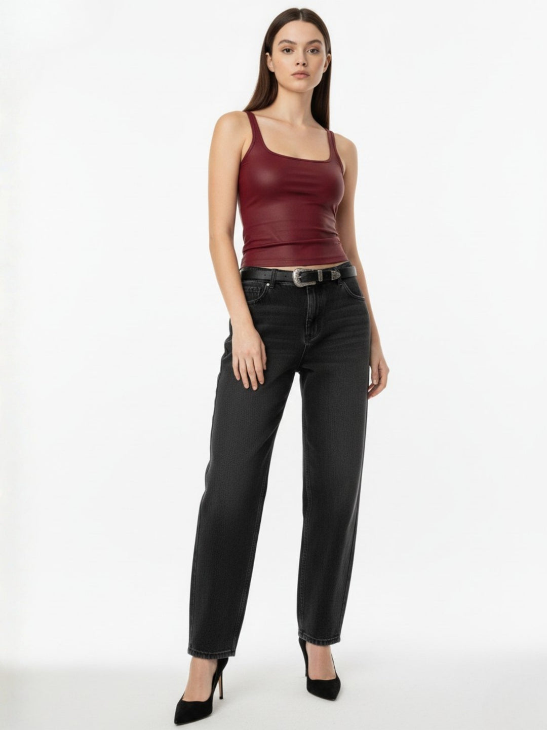 Burgundy Shoulder Strap Square Neck Tank