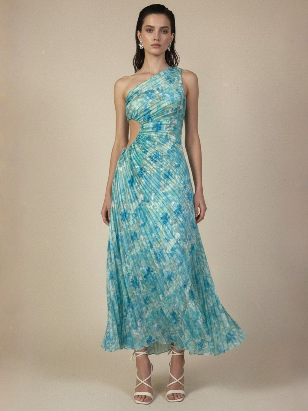 Green One Shoulder Waist Cut-Out Pleated Dress