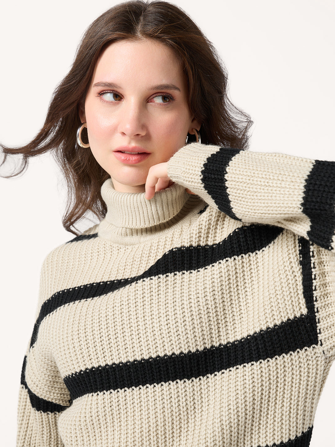 Beige High Neck Striper Sweater