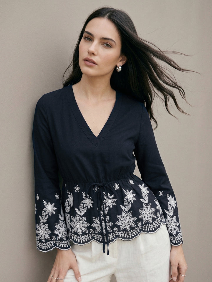 Navy Blue Floral Border Deep V Neck  Blouse