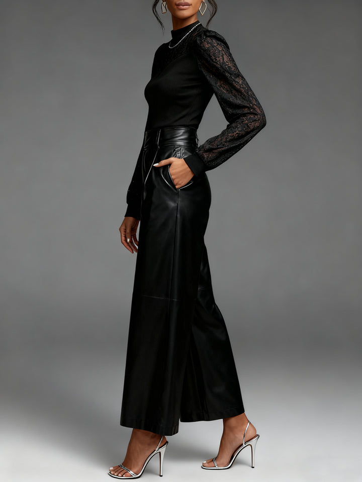 Black Full Sleeve Mock Neck Textured Top