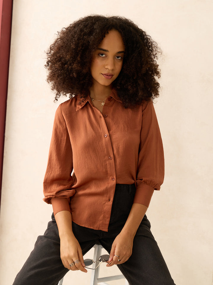 Brown Relaxed Fit Satin Shirt
