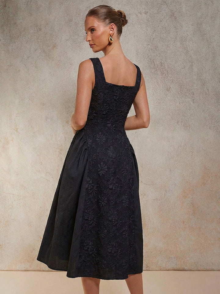 Black Square Neck Cinched Waist Dress