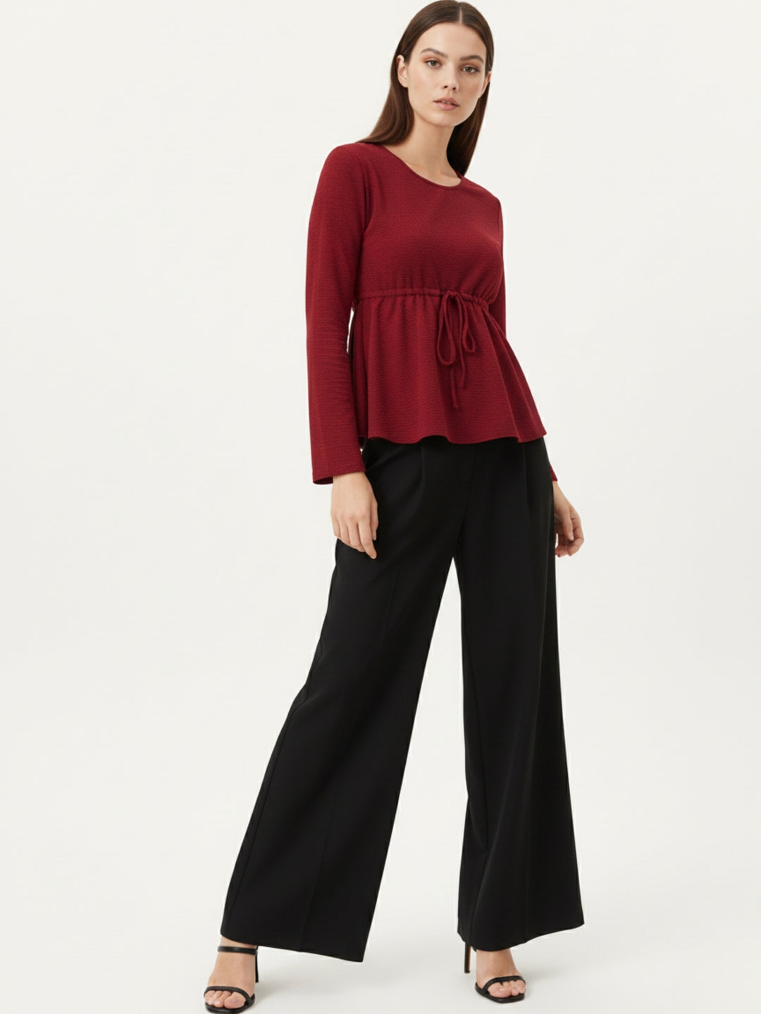 Maroon Round Neck Peplum Top With Full Sleeves