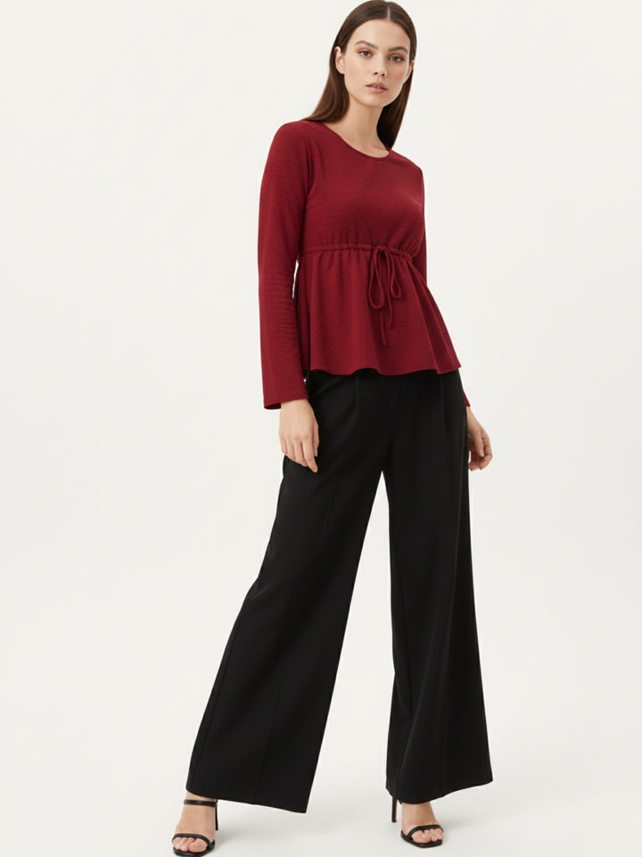 Maroon Round Neck Peplum Top With Full Sleeves