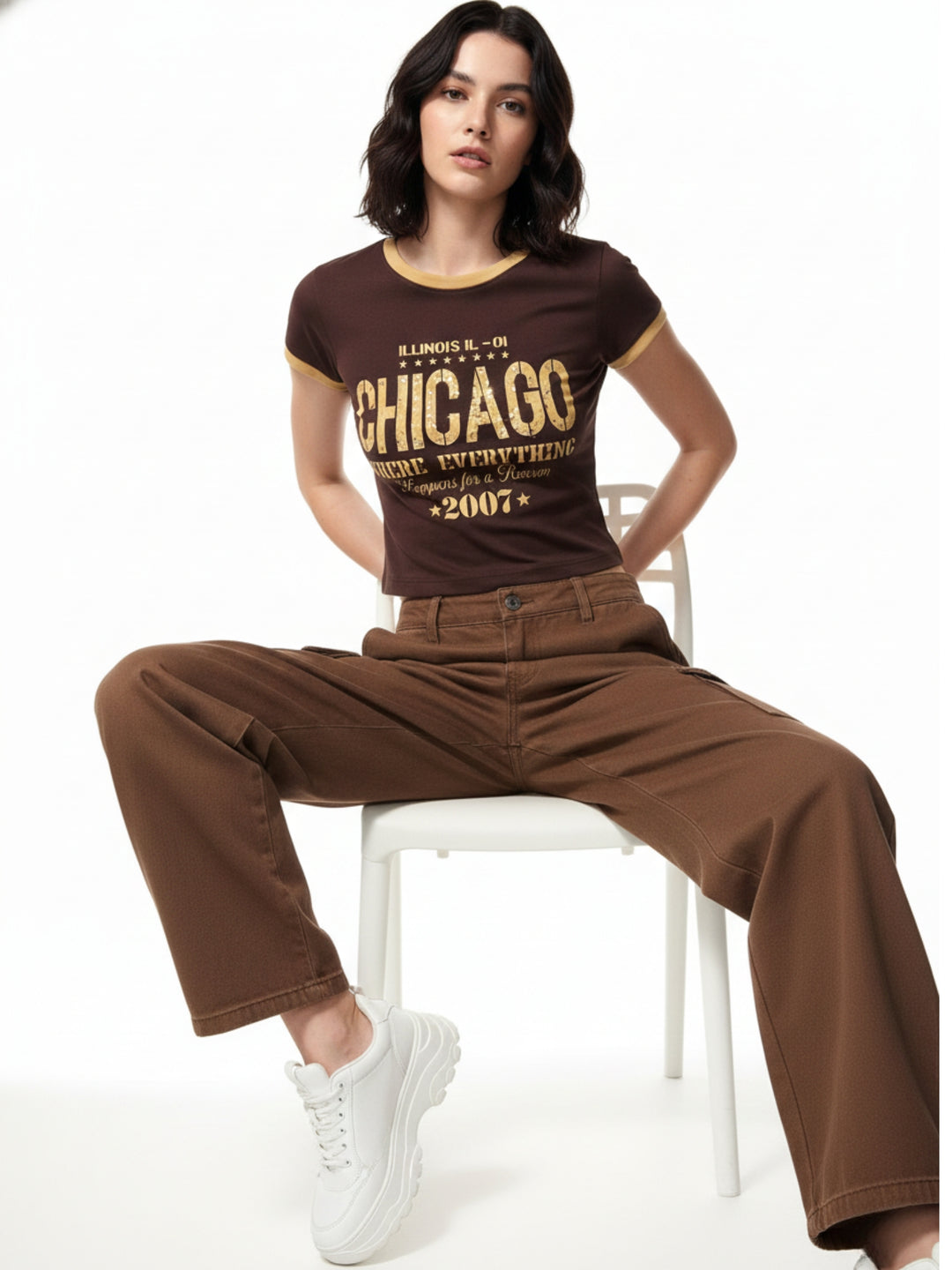 Brown Fitted Studded Printed Graphic T-Shirt