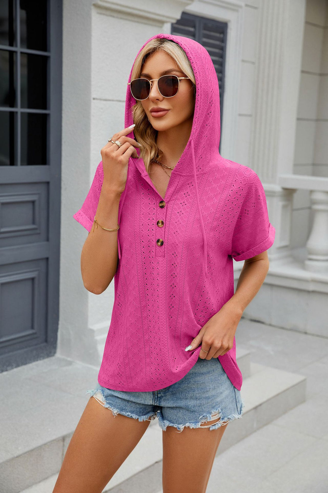 Fuchsia Short Sleeves Collared Top