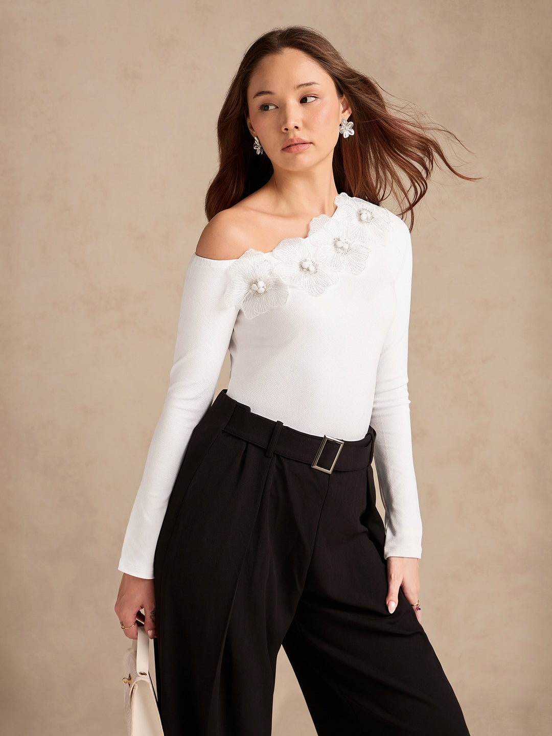 White Off-Shoulder Top With Floral Embellishments