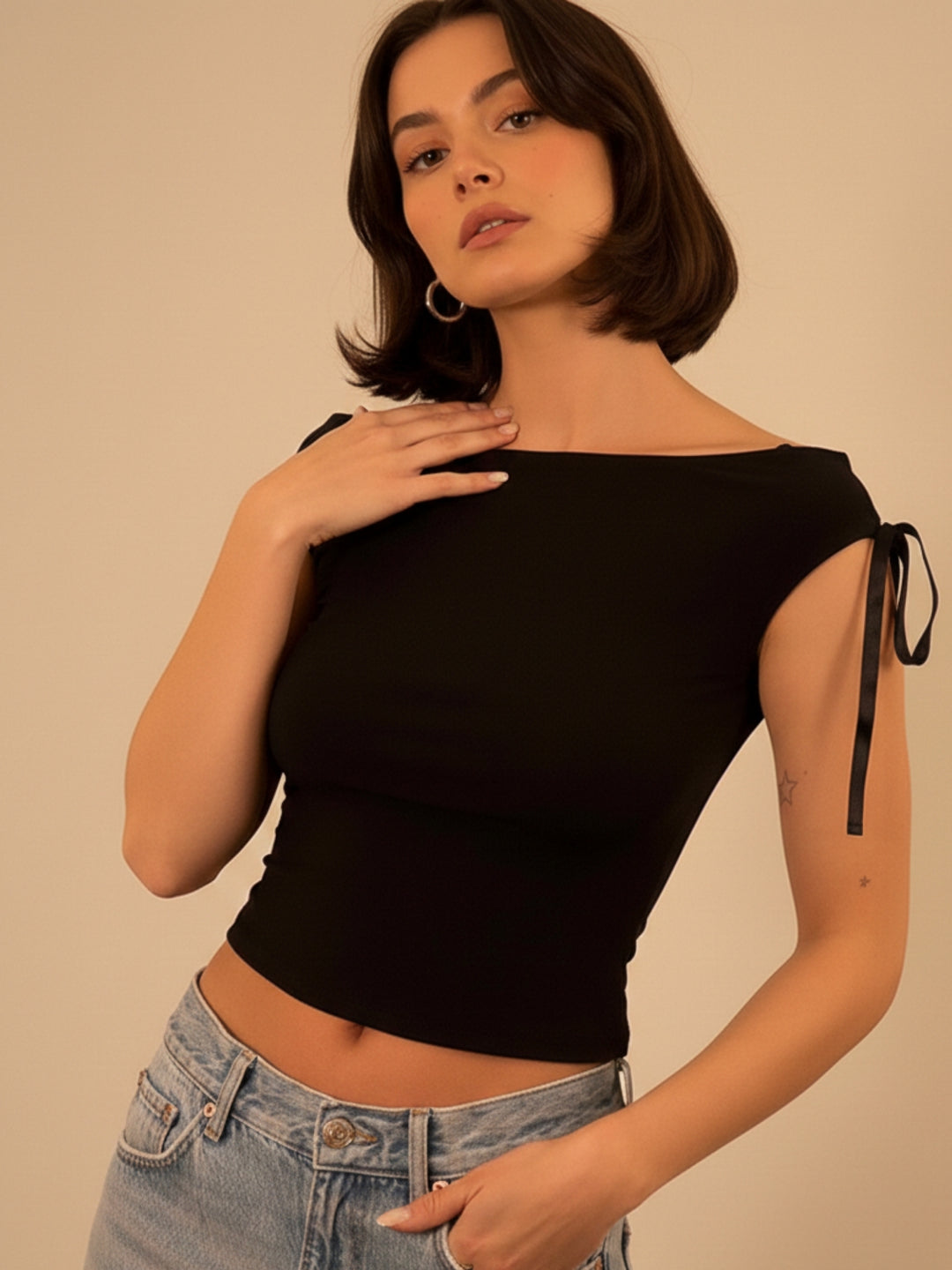 Black Off Shoulder Tie-Up Top