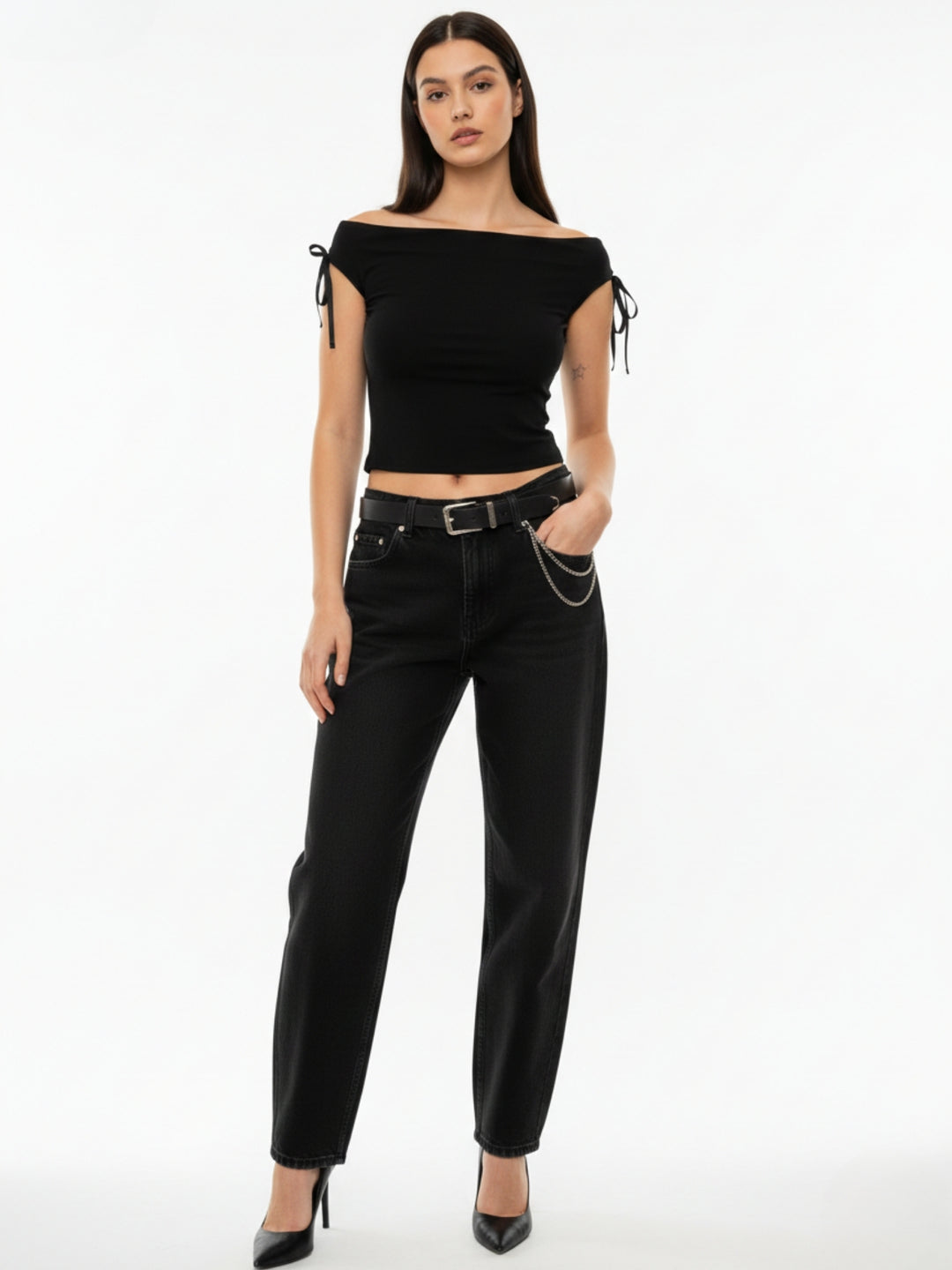 Black Off Shoulder Tie-Up Top