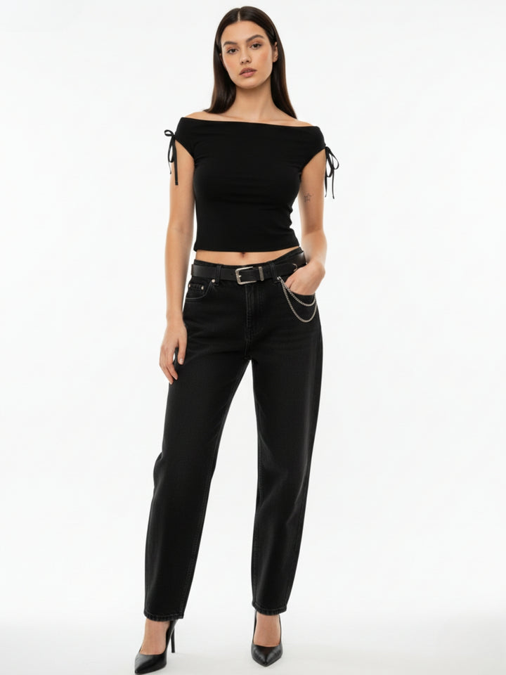 Black Off Shoulder Tie-Up Top