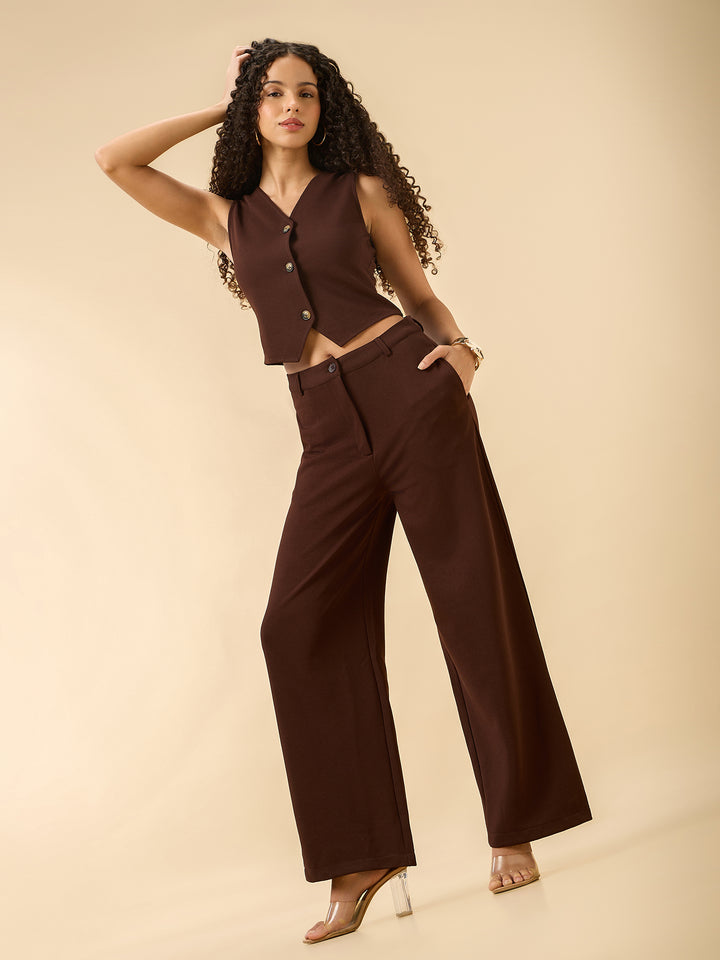Brown Waist Coat Top and Pants Co-Ord Set