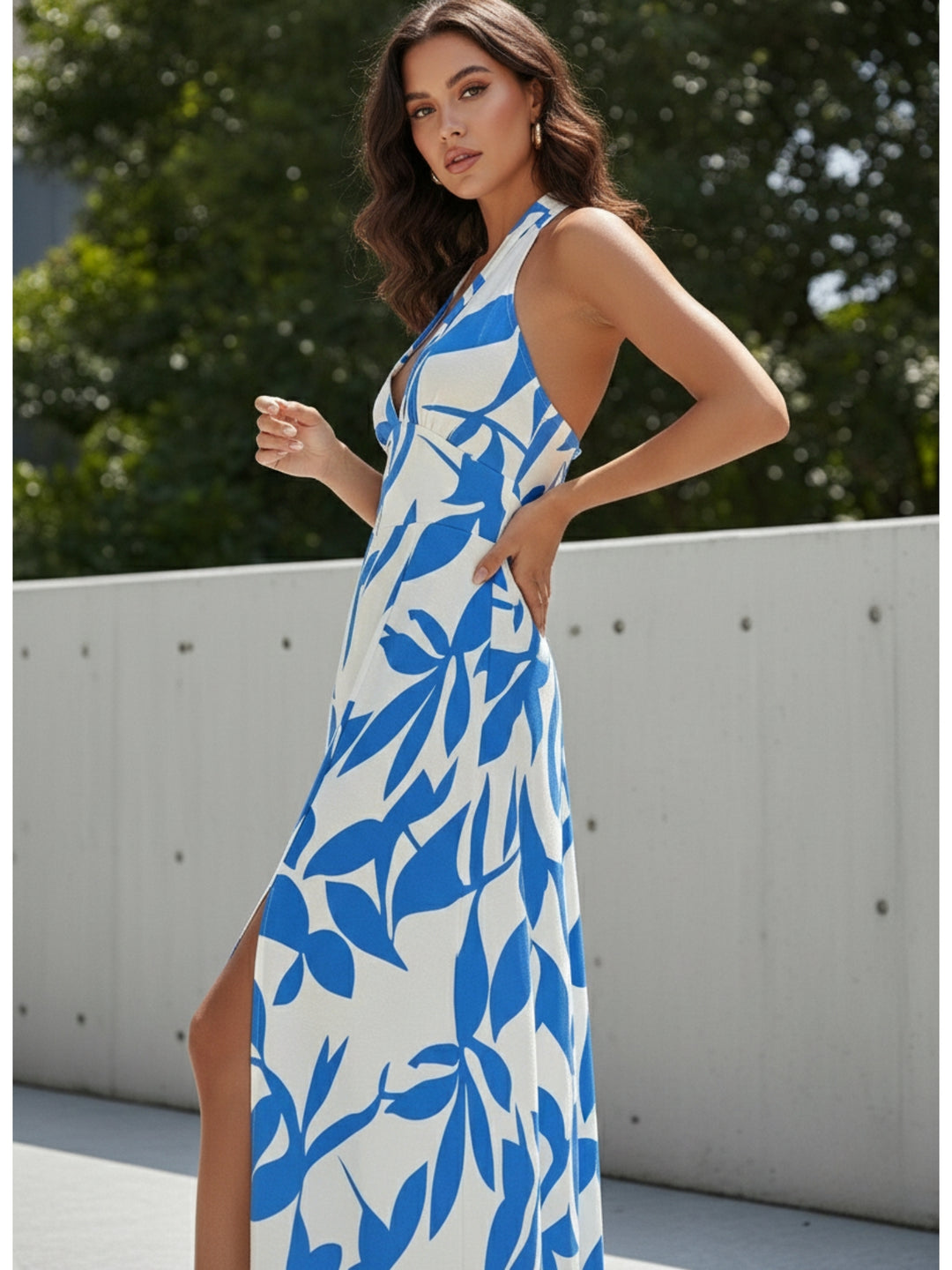 Blue Halter Neck Printed Flared Dress