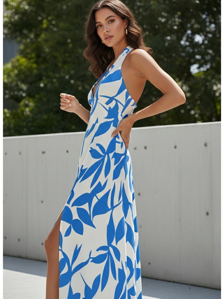 Blue Halter Neck Printed Flared Dress