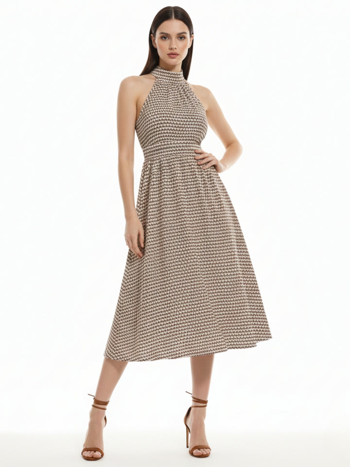 Brown Halter Neck Waist Fitted Dress