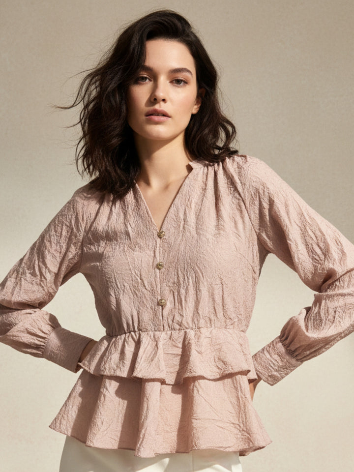 Pink V Neck Ruffle Blouse In Crushed Satin Fabric