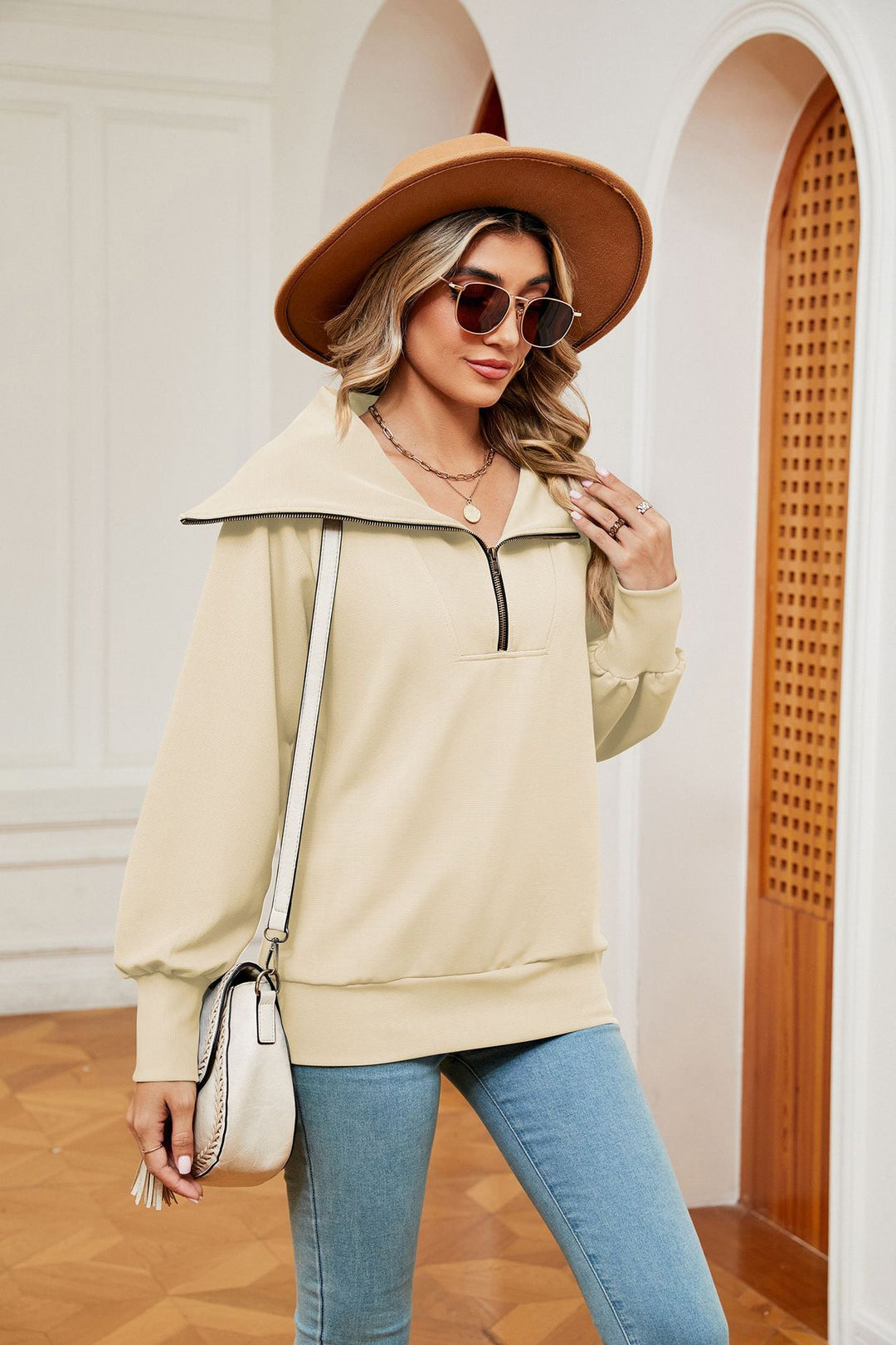 Cream Full Sleeves Big Collar Half Zip Sweatshirt