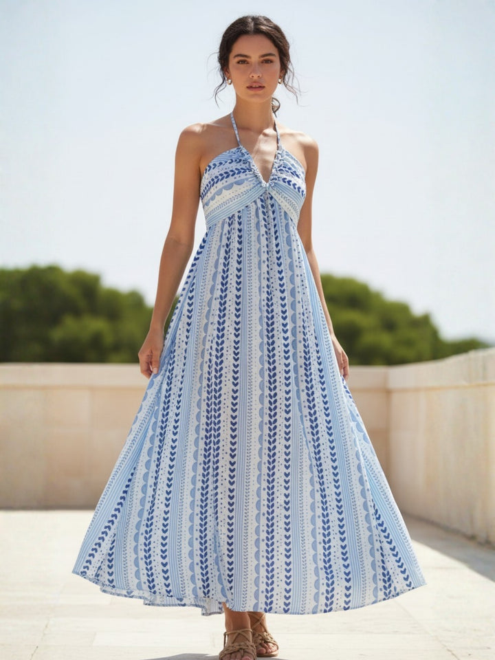 Blue Halter Neck Printed Dress