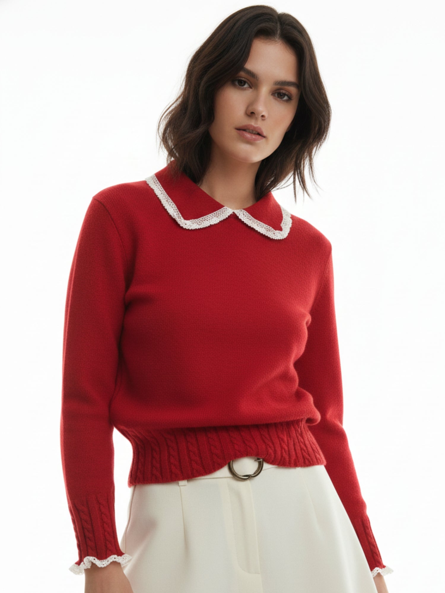 Red Puff Sleeve Collared Neck Lace Trim Sweater