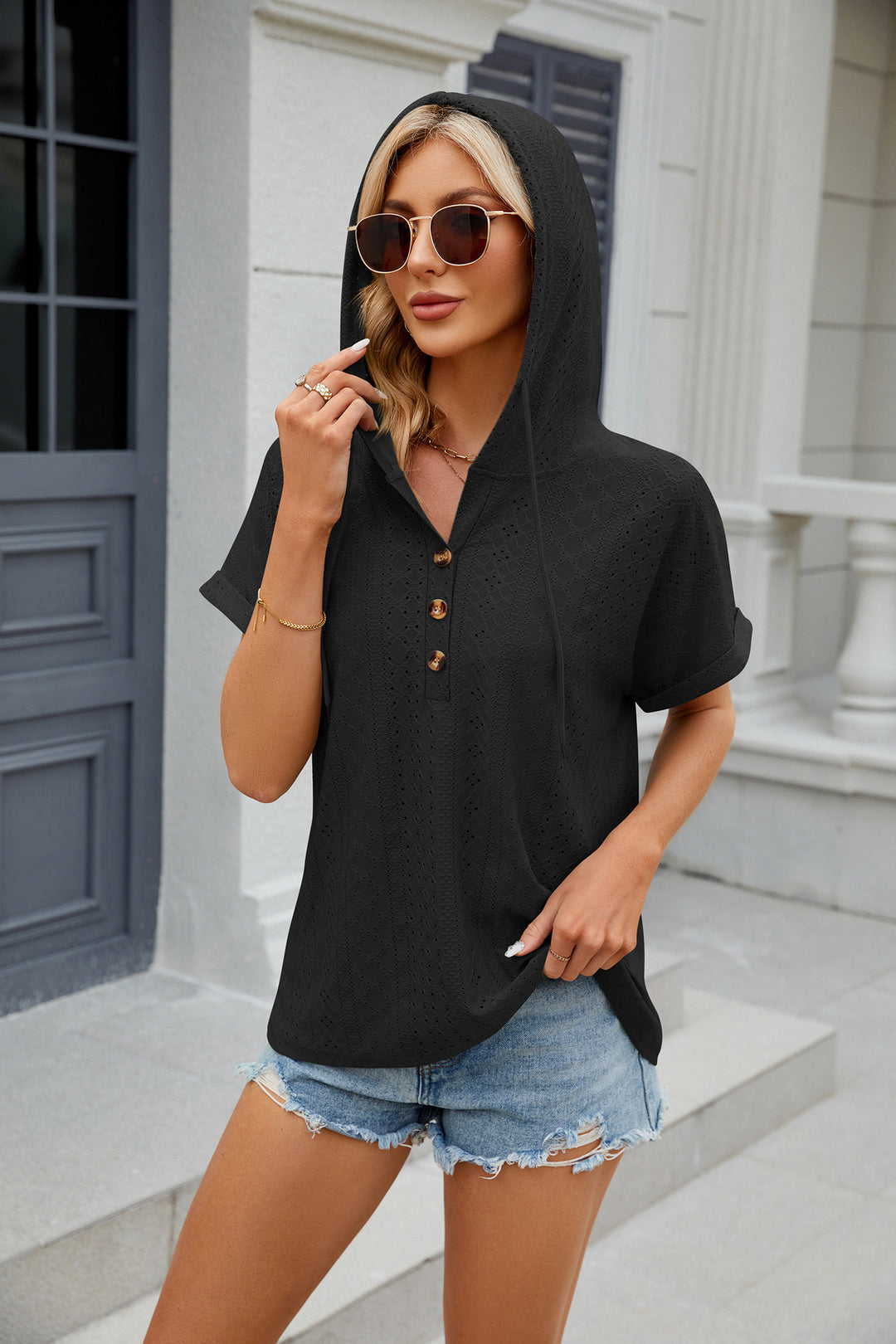 Black Short Sleeves Collared Top