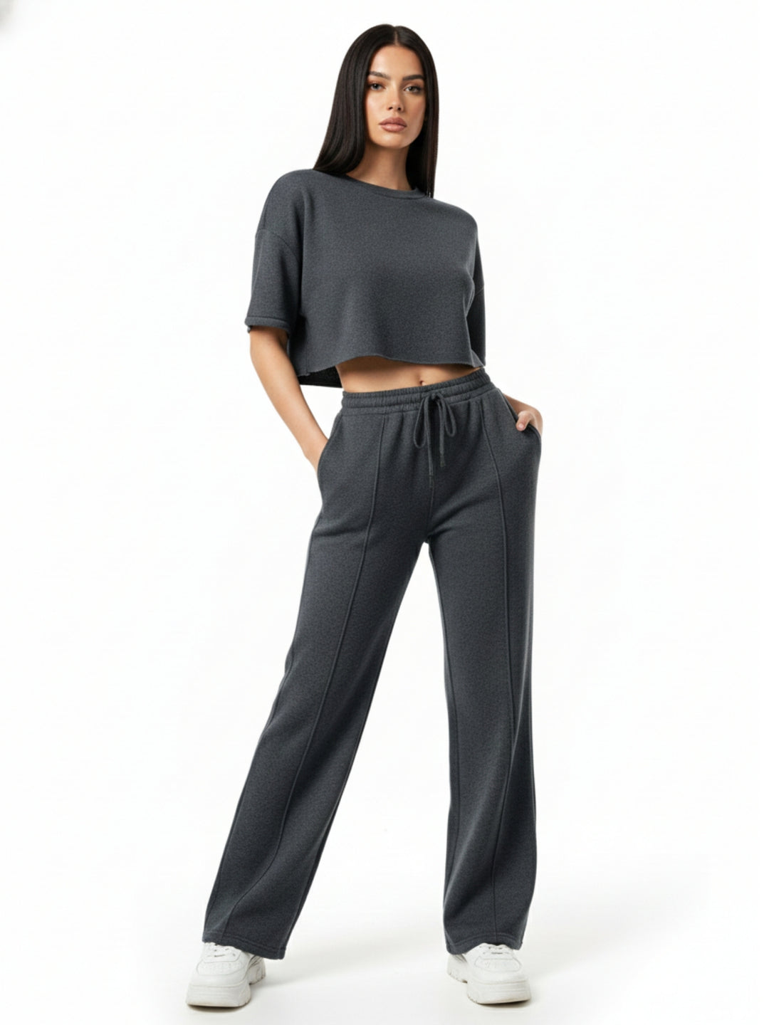 Charcoal Short Sleeve Crop Top And Pant Set