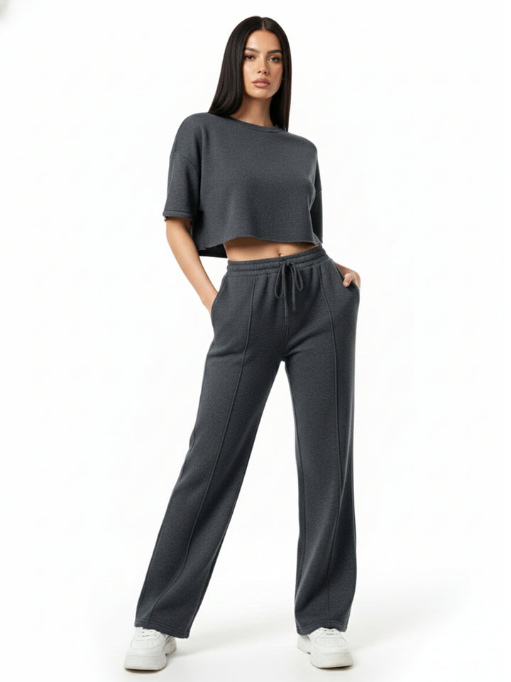 Charcoal Short Sleeve Crop Top And Pant Set