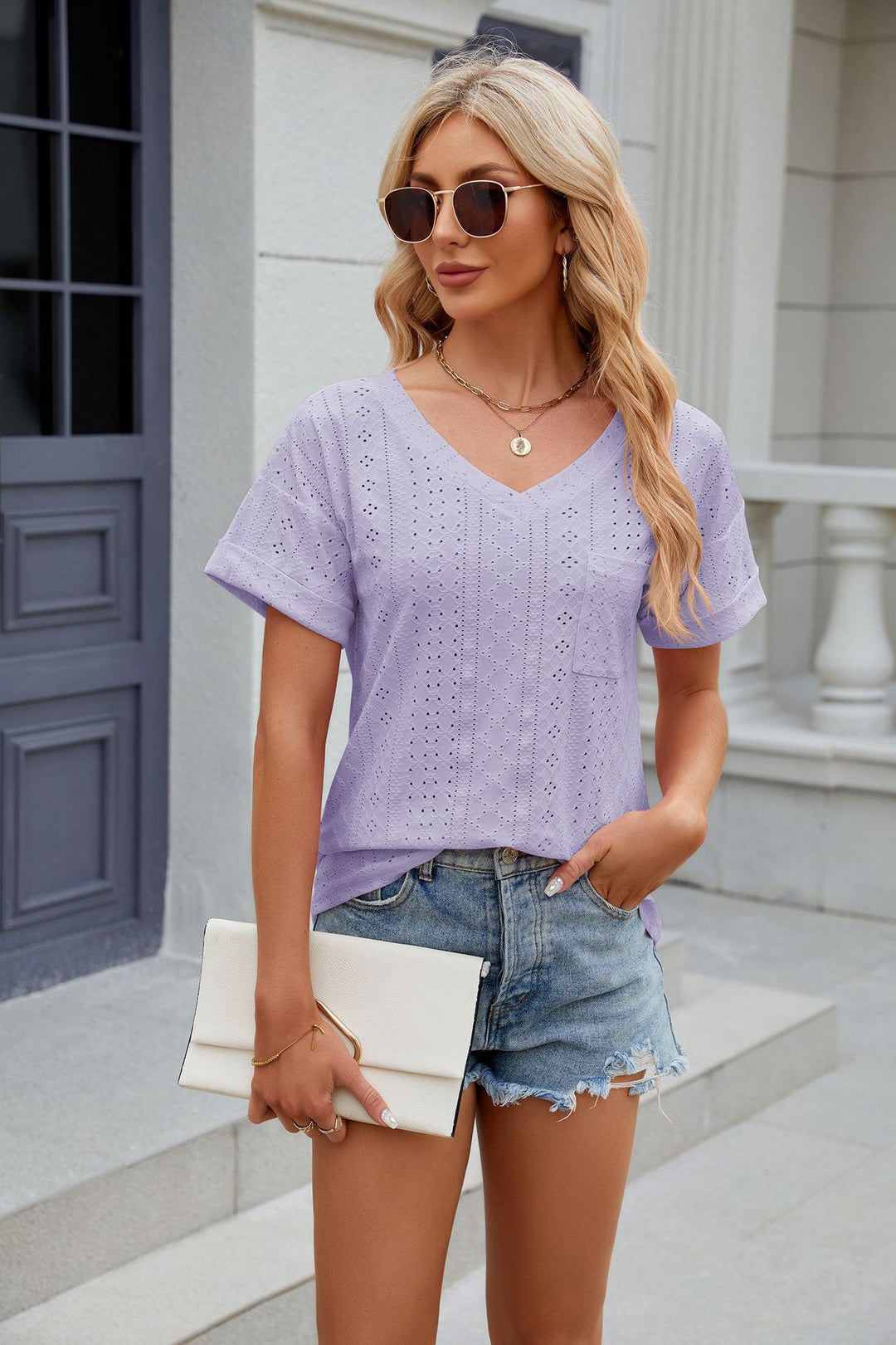 Lilac Short Sleeves V Neck Top