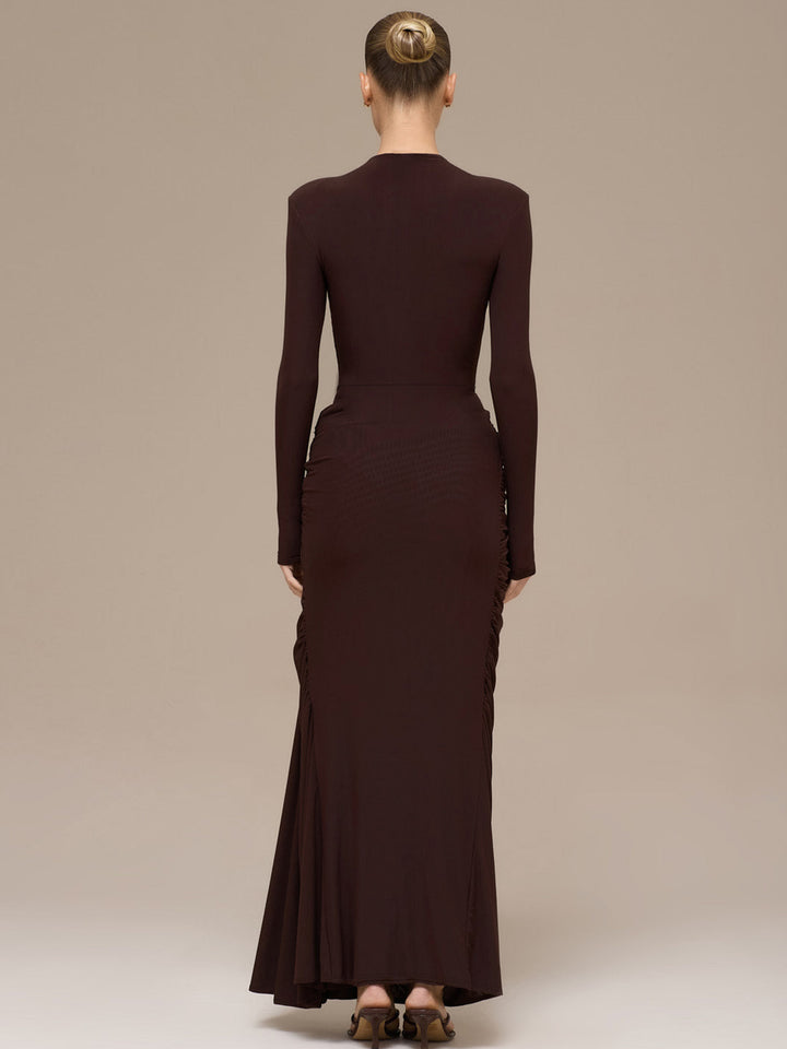 Brown Full Sleeve Waist Buckle Detail Dress