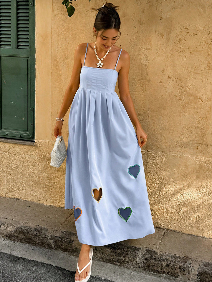 Blue Off Shoulder Heart Printed Smocking Dress
