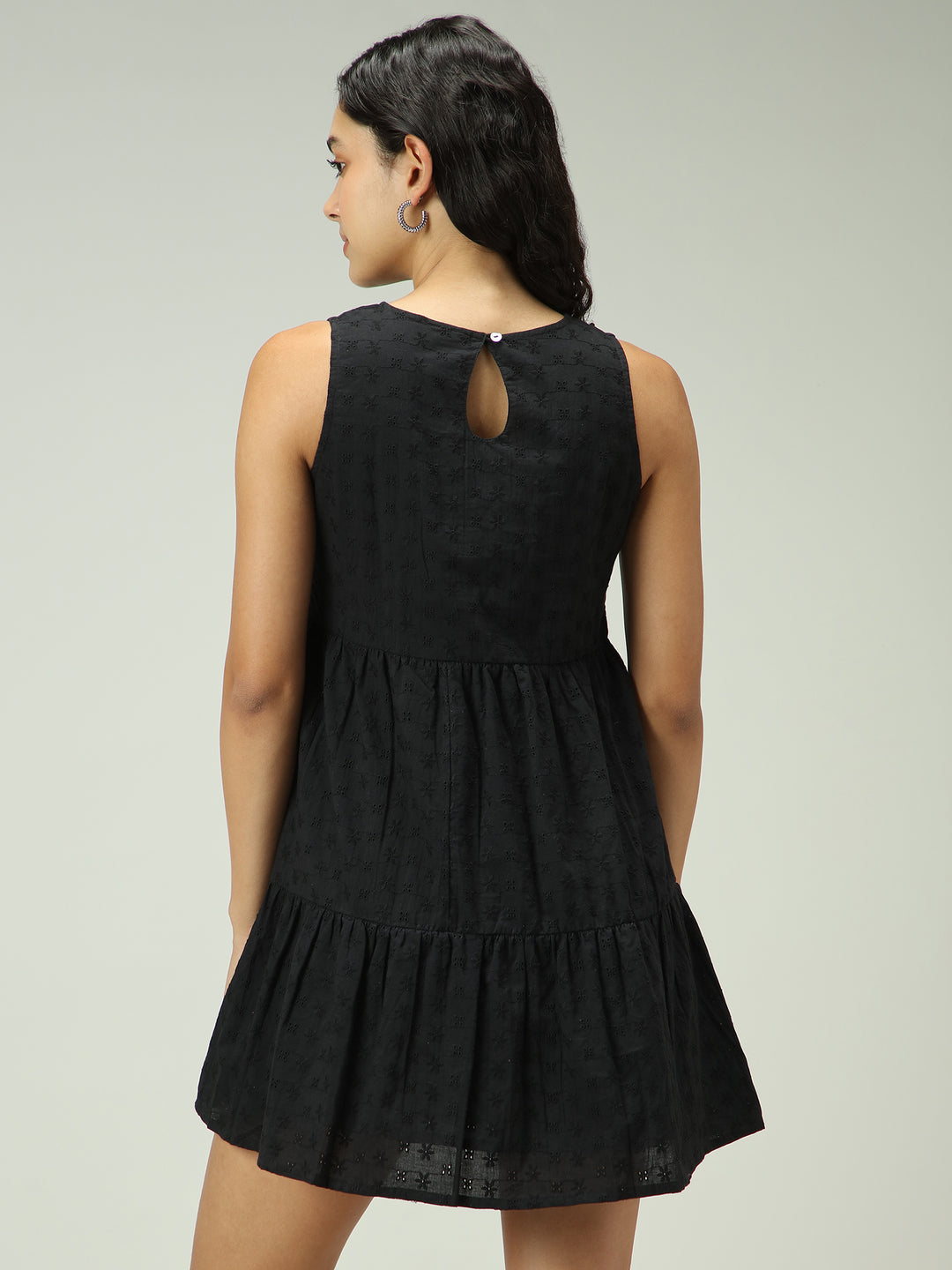 Black Mini Tiered Schiffli Dress