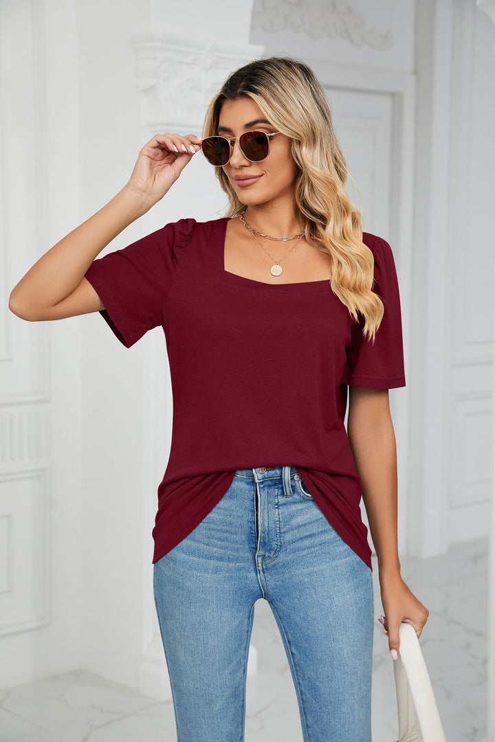 Burgundy Short Sleeve Square Neck Top