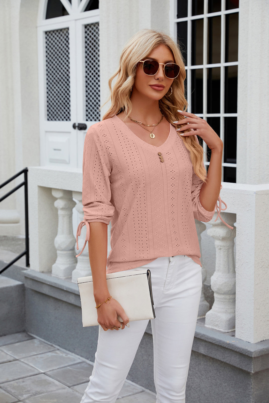 Pink V Neck Textured Top