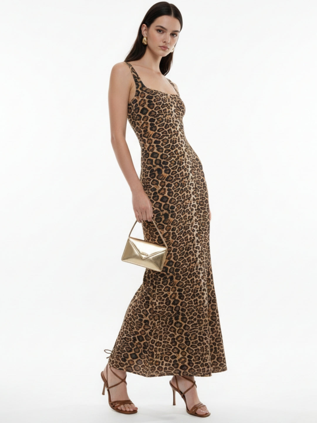 Brown Shoulder Strap Animal Print Dress