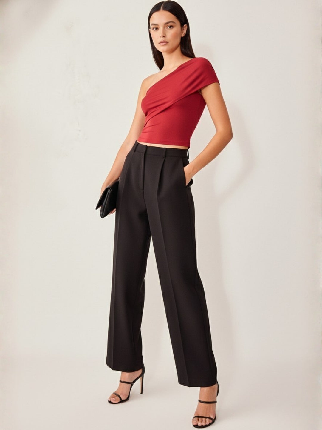 Red Textured One Shoulder Knit Top