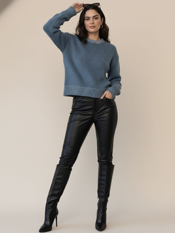 Blue Solid High Neck Sweater