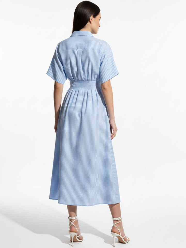 Blue Waist Fitted Collared Dress