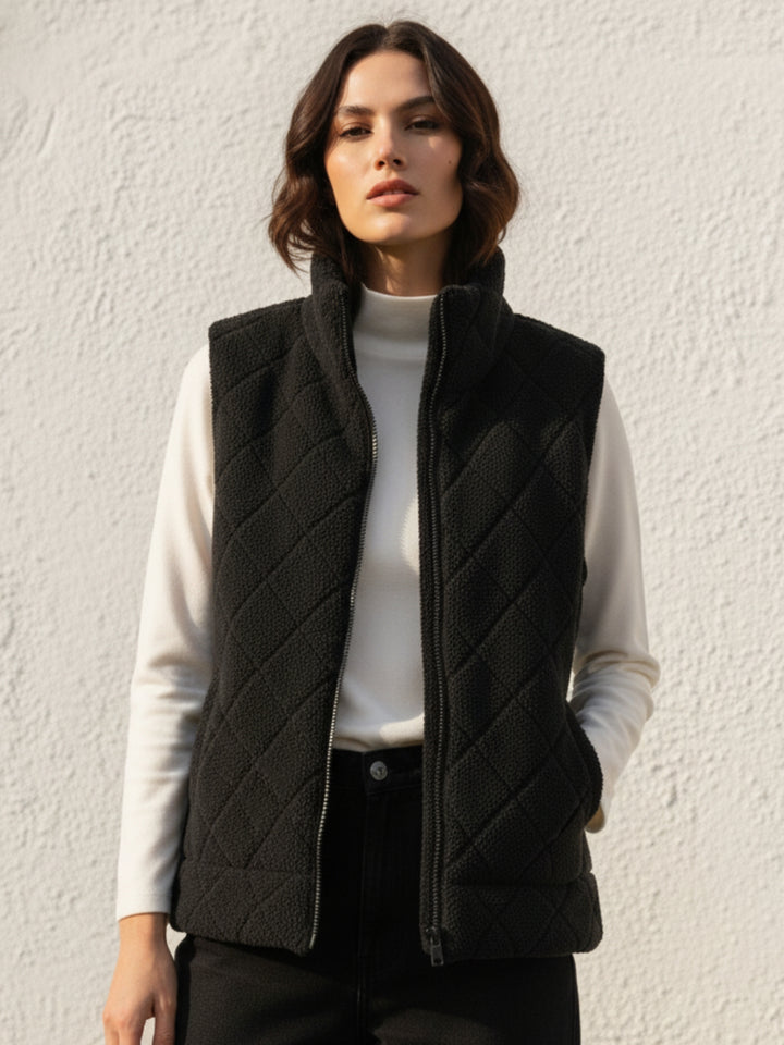 Black Sleeveless Zip Front Funnel Neck Jacket